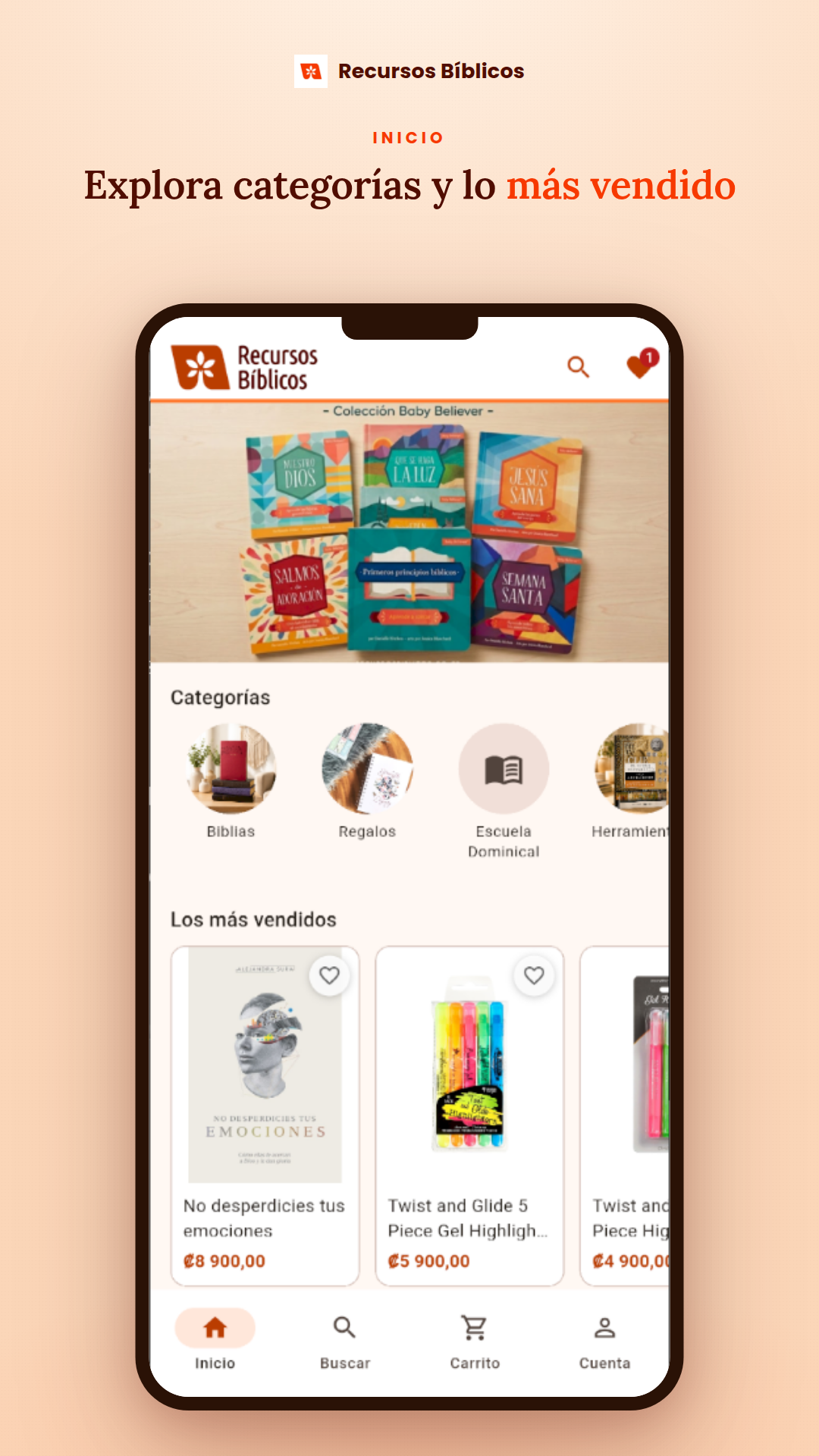 Inicio de la app Recursos Bíblicos: categorías y lo más vendido