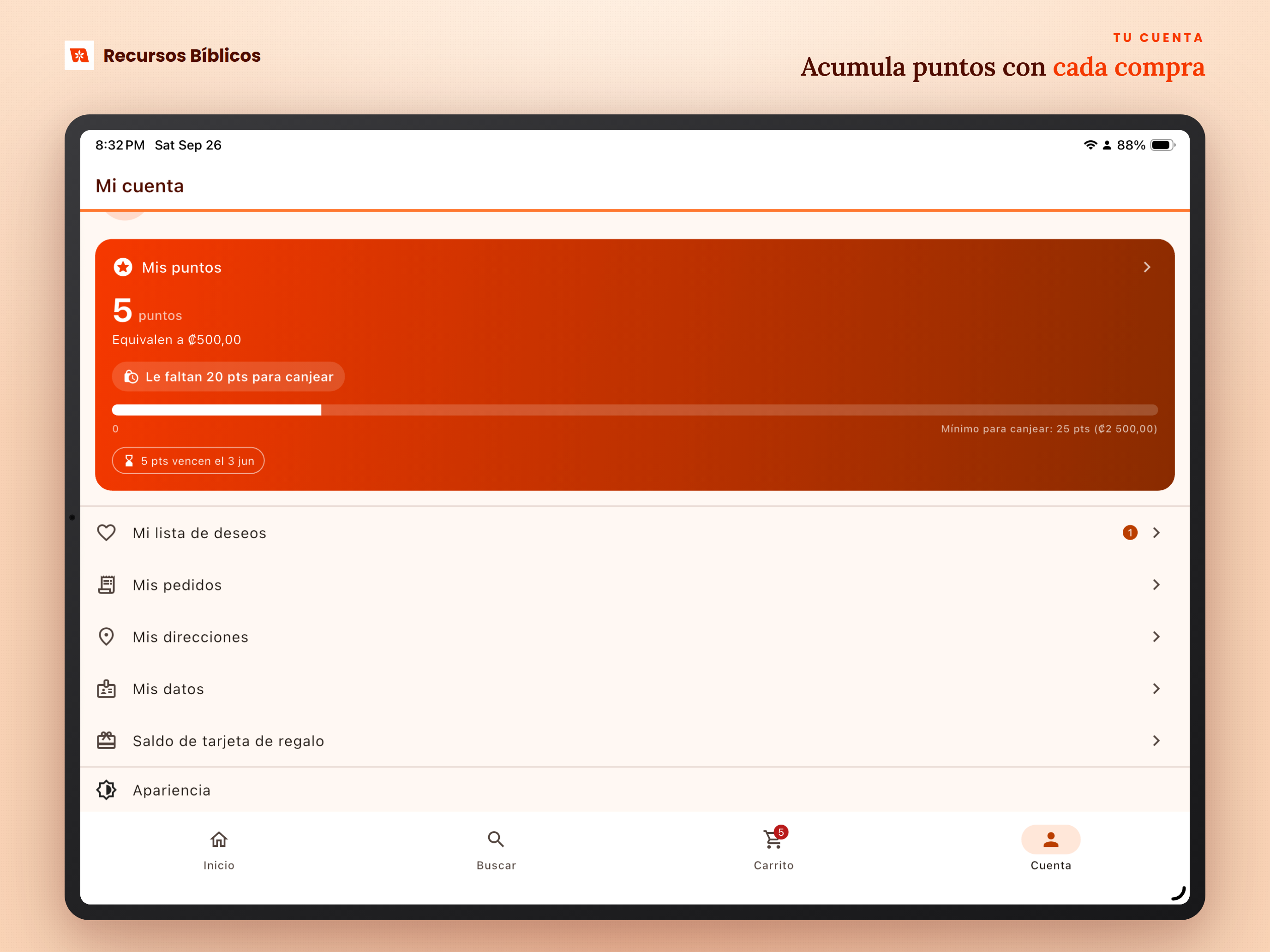 Mi cuenta en tablet: puntos, pedidos y lista de deseos